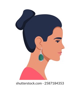 Beautiful woman side view. Portrait of an elegant lady with Jewelry earring.