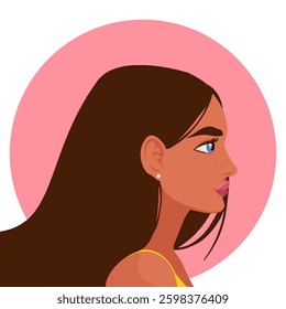 Beautiful Woman Side View Portrait with Long Hair, Profile Avatar. Abstract stylish woman drawing for print, bohemian girl wall art. Portrait of young woman with beautiful face and hair