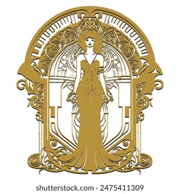 Beautiful woman silhouette with arch frame and vintage flowers in art nouveau style. Vector Gold pretty woman silhouette on white background. Old retro antique style isolated decorative luxury design.