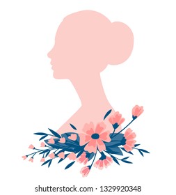 Beautiful Woman silhouette with bouquet of gorgeous pink flower. Rose face profile on a white background in vector