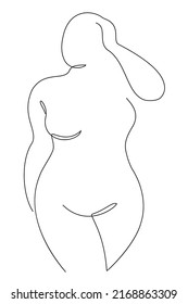 Beautiful Woman Silhouette In Modern Single Line Continuous Style. The Girl Is Fat And Overweight. Continuous Line Drawing, Outline For Decor, Posters, Stickers, Logo. Vector Illustrations.