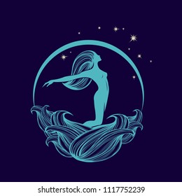 Beautiful woman silhouette in the moonlight, sea and stars.Fantasy vector illustration.