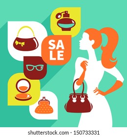 Beautiful woman silhouette with shopping icons. Stylish sale flat design