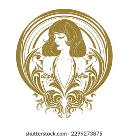 Beautiful woman silhouette surrounded by vintage flowers in art nouveau style. Vector Gold pretty woman silhouette on white background. Old retro antique style isolated decorative luxury design.