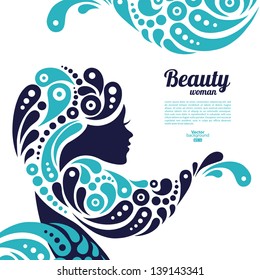 Beautiful Woman Silhouette. Tattoo Of Abstract Girl Hair. Marine Design	