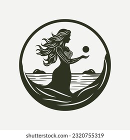 Beautiful woman silhouette vector illustration. Mermaid in ocean logo emblem template. Flat logo design.