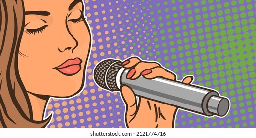 Hermosa cantante con micrófono. Cara cerca. Música y vocales. Artista en el concierto. Ilustración de dibujos animados en estilo de arte pop