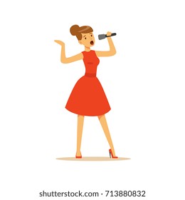 Beautiful woman singer in red dress singing with microphone vector Illustration