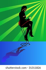 beautiful woman sits on a chair in a bar with a cocktail on a background of multi-coloured fires