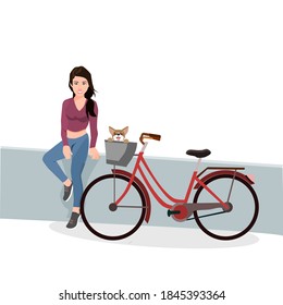 Beautiful woman sitting beside a bicycle, with a Chihuahua dog in a basket, isolated on a white background, vector illustration