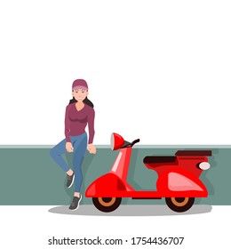 Beautiful woman sitting beside a motorcycle, isolated on a white background, vector image