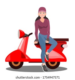 Beautiful woman sitting beside a motorcycle and smiling happily, isolated on white background, vector image