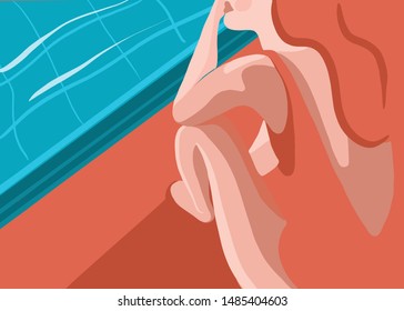 Beautiful woman sitting by the pool. 