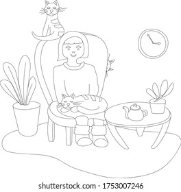 
A beautiful woman is sitting in a chair at home surrounded by her pets. Three cats. One is sleeping on his knees, the second is sitting on an armchair, the third is hiding. Find a cat. Rest at home.