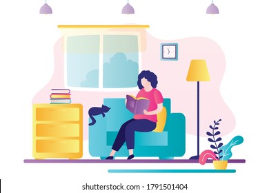 Beautiful woman sitting in chair and read. Smart female character learns, girl pleasure to spend time with book in hands. Room interior with furniture. Trendy style vector illustration