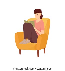 Beautiful woman sitting in chair and reading book. Vector illustration