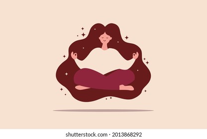 Beautiful woman sitting in a cross-legged lotus position. Yoga and mindfulness concept. Minimalist flat vector illustration of girl meditating