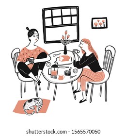 Una hermosa mujer sentada y desayunando con su mejor amiga y tomando café. Momentos de relajación, aspecto y estilo de vida. Colección dibujada a mano. Ilustración vectorial en la puerta de esbozo