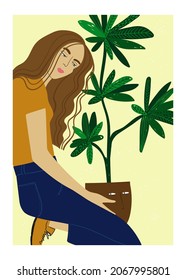 Beautiful woman sitting with a funny face plant pot. Plant lady illustration. Female t-shirt design or poster.