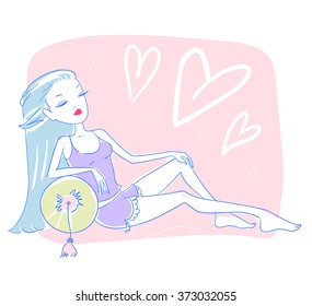 Beautiful woman sitting in her bedroom yawning and relaxing. Vector illustration eps 10