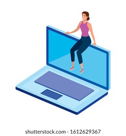 beautiful woman sitting in laptop computer vector illustration design