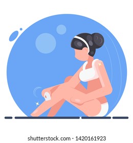 Beautiful woman sitting making body depilation epilator clean procedure flat design vector illustration
