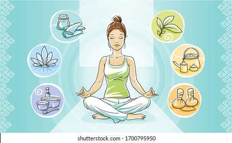 Beautiful woman sitting in meditaion pose with spa wellnes icons around her. Hand drawn cartoon sketch vector illustration, marker style coloring, isolated. 
