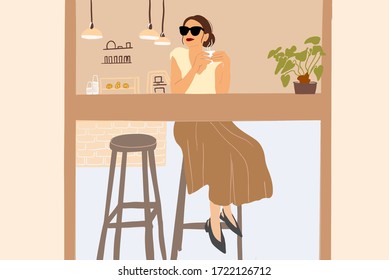 Beautiful woman sitting in the modern cafe near the window. Vector illustration in flat cartoon style
