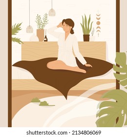 Beautiful woman sitting on the bed and relaxing. Morning waking up concept with stylish bedroom. Healthy sleep, rest lifestyle concept. Vector illustration in cartoon style. Isolated  white background