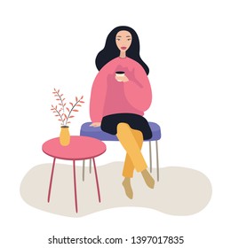 Beautiful woman sitting on the chair at coffee shop while drinking , vector illustration on white background
