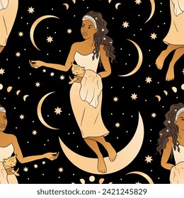 Beautiful Woman With Sitting On a Moon Magic Celestial Golden Seamless Astrology Pattern Background.