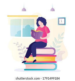 Beautiful woman sitting on stack of books and read. Smart female character learns,  girl pleasure to spend time with book in hands. Room interior. Trendy style vector illustration