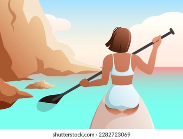 A beautiful woman is sitting on the SUP board. Water sports. SUP-surfer.
