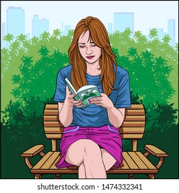 Beautiful woman sitting reading a book on a chair in the garden Illustration Vector colorful background in pop art comic style 
