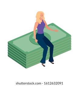 beautiful woman sitting in stack bills finance vector illustration design