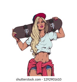 beautiful woman with a skateboard comic style illustration