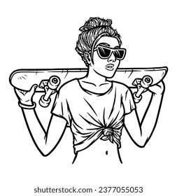 beautiful woman skateboarder line illustration