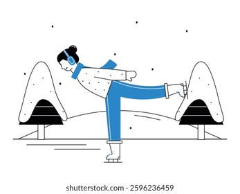Beautiful woman skating during winter season, wearing warm clothes, scraf and earplugs to keep out the cold. Design character. Vector flat illustration