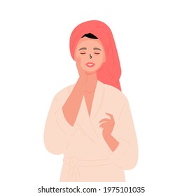 Beautiful woman skin care. Young woman in a bathrobe and towel. Vector illustration in a cartoon style. Girl with a cosmetic mask on her face. 