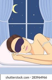 Beautiful woman sleeping in bed with eye mask for protect eyes from light make Sleepless