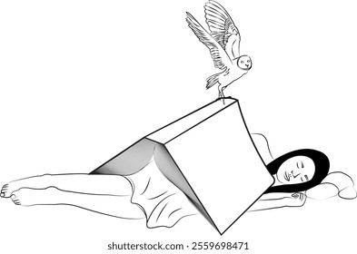 A beautiful woman sleeping with a giant book and an owl. Illustration, vector. Line art black and white