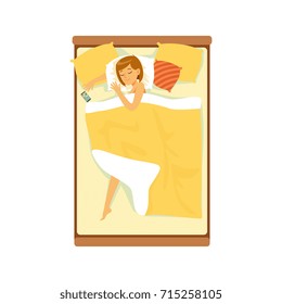 Beautiful woman sleeping in her bed, relaxing person vector Illustration
