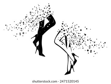 beautiful woman slim legs wearing high heels stiletto shoes with skirt madeof flying stars vector handdrawn design set