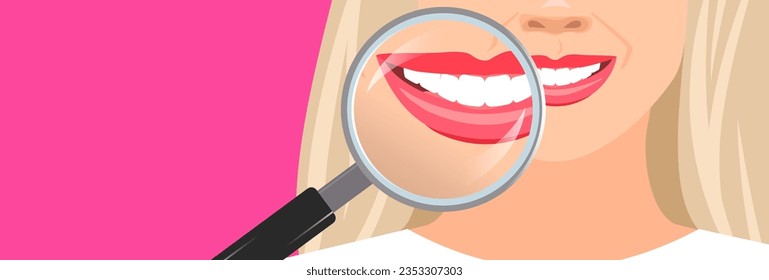 beautiful woman smile teeth magnifying glass stomatology concept vector illustration