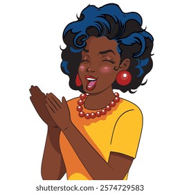 beautiful woman smiling and applauding in pop art style, celebration and commemoration. vector illustration.