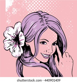 Beautiful woman smiling. Flower in hair. Retro style vector illustration with grunge background. 