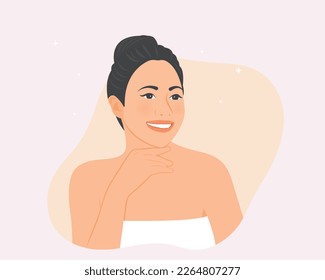 Hermosa mujer sonriendo alegremente, tiene una piel preciosa. Ilustración vectorial.