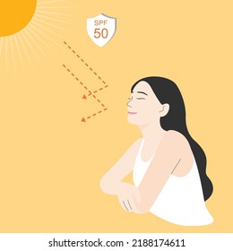 A beautiful woman smiling under the sun light, UV protection concept . Flat vector illustration.