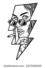 beautiful woman smoking and lightning shape