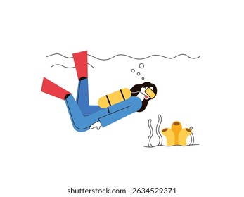 Beautiful woman snorkeling, looking at the natural beauty under the sea. Character design. Vector flat illustration